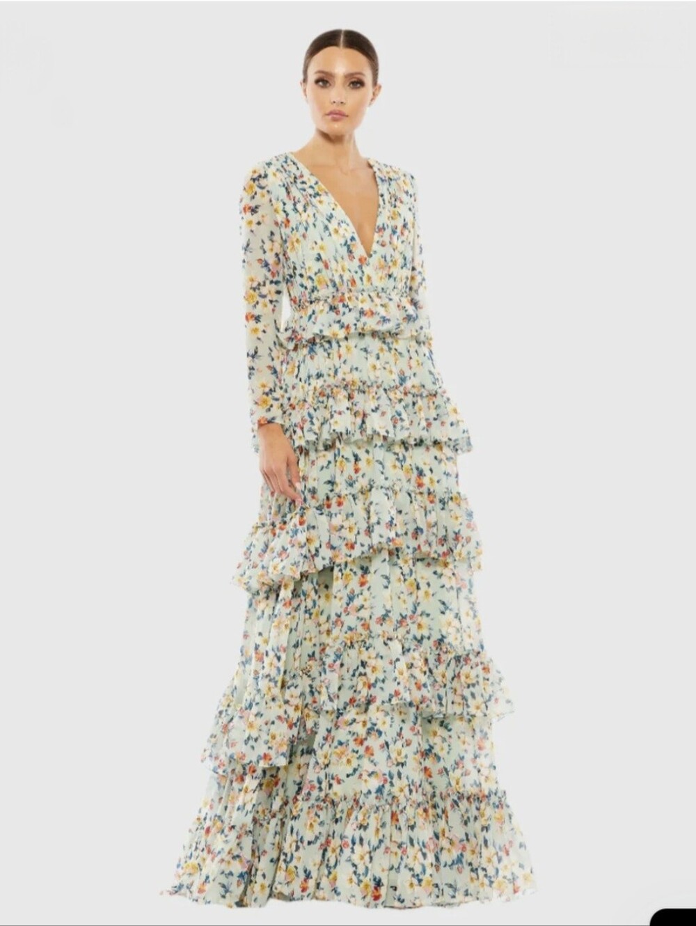 Ieena Mac Duggal Green Floral Printed Tiered Ruffle Long Sleeve Gown Size 4